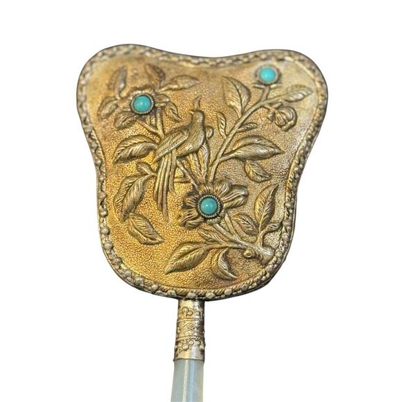 Vintage White Jade Hand Mirror Asian Bird Floral - Picture 3 of 10